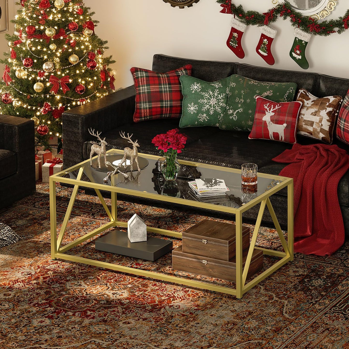 HOOBRO Glass Coffee Table, Gold Coffee Tables for Living Room, Gold Glass Coffee Table,1 Layer Center Table, Modern, for Apartment, Office, 39.4 x 19.7 x 17.7 Inches, Easy Assembly, Golden GD04KF01