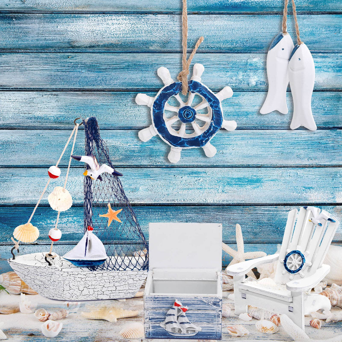 7 Pieces Wooden Box Wooden Lighthouse Mini Sailboat Anchor Fish Hanging Starfish Model Spring Summer Easter Tree Ornament Decoration Aquarium Decor Landscape Tank Ornament Office Mini Garden Landscape