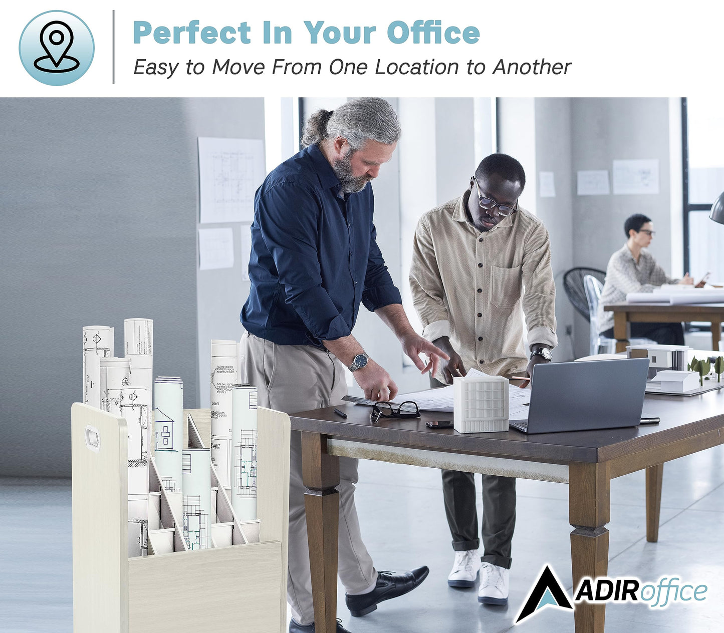 AdirOffice Adir Blue Print Storage Organizer - Mobile Roll File Cart, Construction Plan Holders, Blueprint Cabinet with Wheels, Roll Files Storage for Office and Home (20 Slots, White)