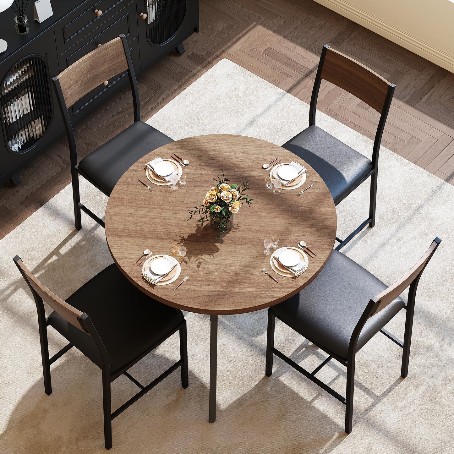 Pamapic Round Dining Table Set for 4, Kitchen Table and Chairs for 4, Dining Room Circle Dinner Pedestal Table, Solid Metal Frame,Space Saving Wood Small Kitchen & Dining Room Furniture,Walnut