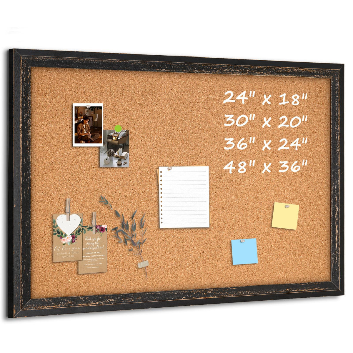 QUEENLINK Cork Board Bulletin Board, 30" x 20" Corkboard for Wall, Rustic Black Wooden Frame, Decorative Hanging Pin Board for Home Office Room Decor, 10 Push Pins