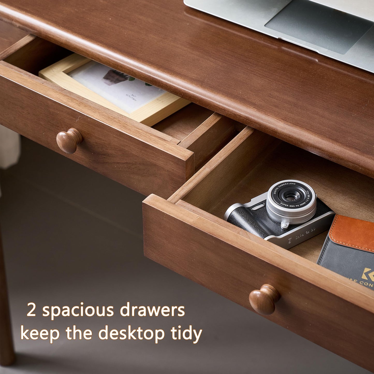 KTVVKTVV Natural Solid Wood Desk with Drawers,Mid Century Modern Real Wood 40" Writing Desk,Home Bedroom Computer Office Workstation Desks,Small Spaces,Walnut Color