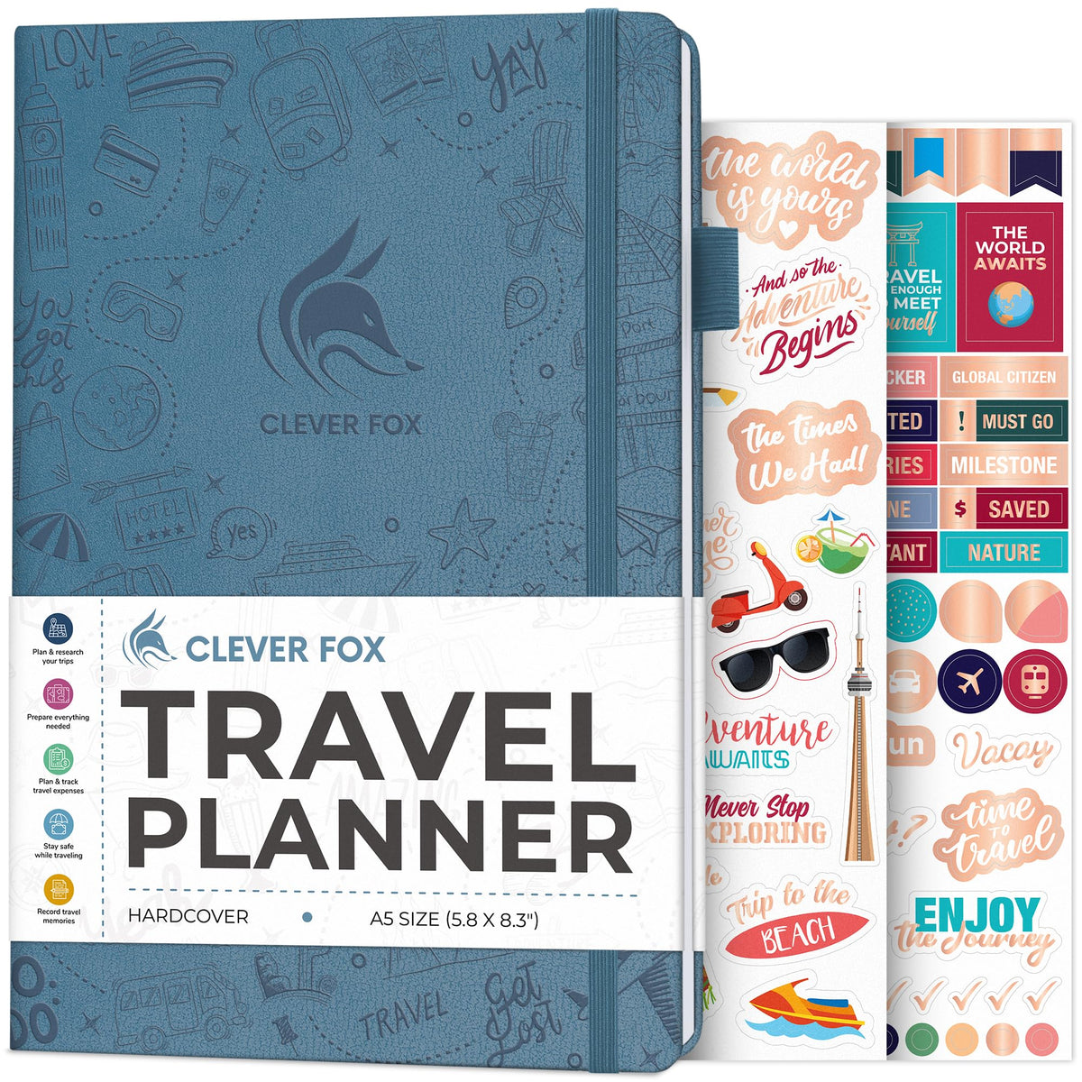 Clever Fox Travel Journal – Vacation & Trip Organizer with Budget Plan, Packing List, Travelling Expense Tracker, A5 (Smoke Blue)
