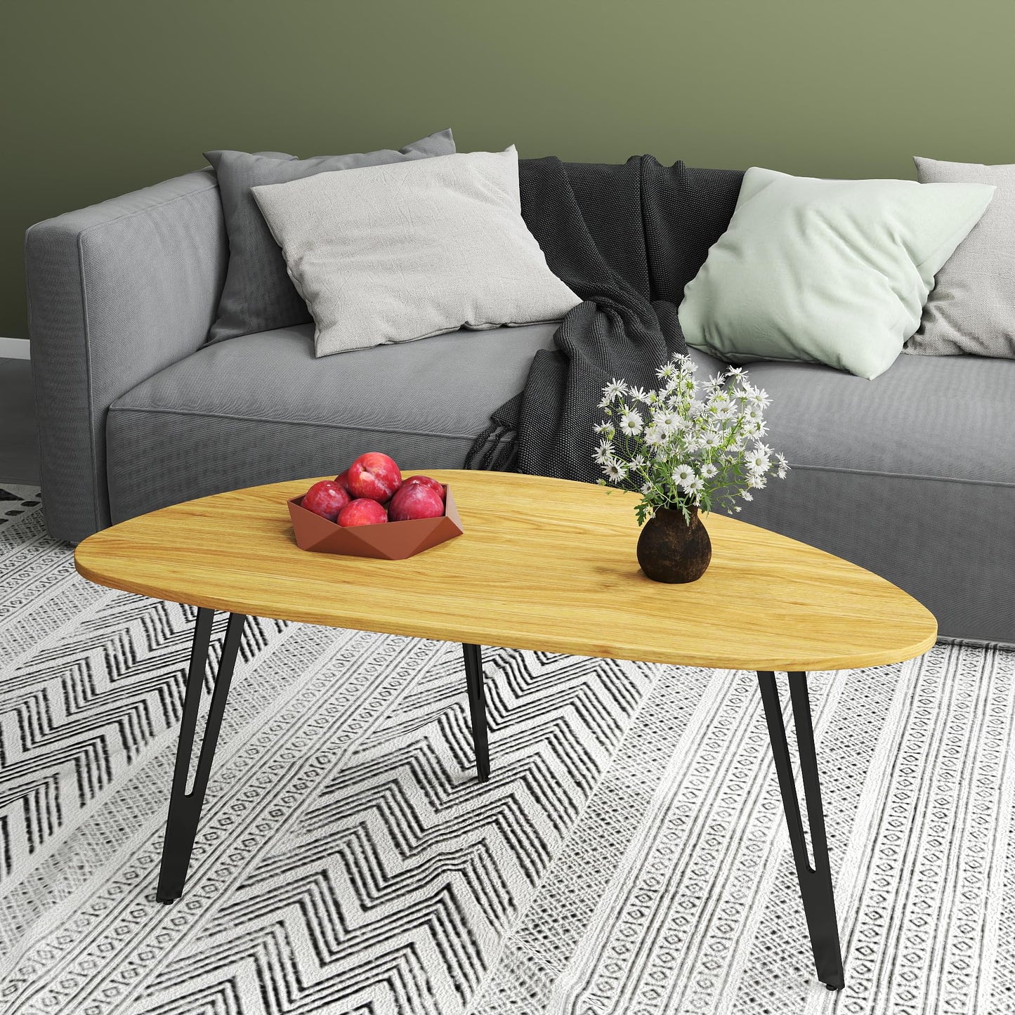 Manora Modern Mid Century Coffee Table, Oval Triangle Wood Center Table with Sturdy Metal Legs, Stylish Living Room Accent Table for Small Spaces