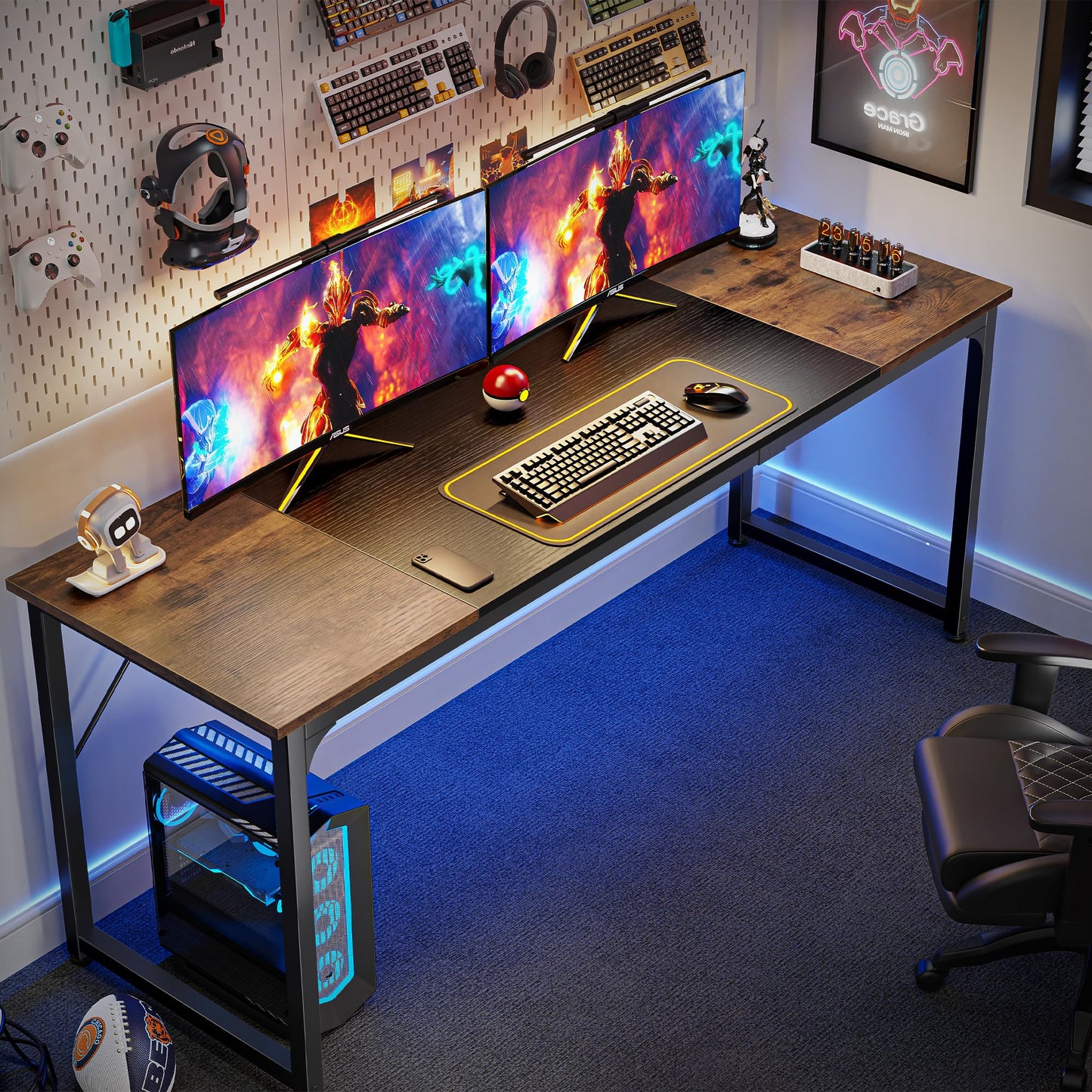 Huuger Computer Desk, 70 Inch Office Desk, Gaming Desk with Storage, Writing Desk Work Desk for Home Office, Study, Long Simple Desk, Large Legroom, Metal Frame, Rustic Brown and Black