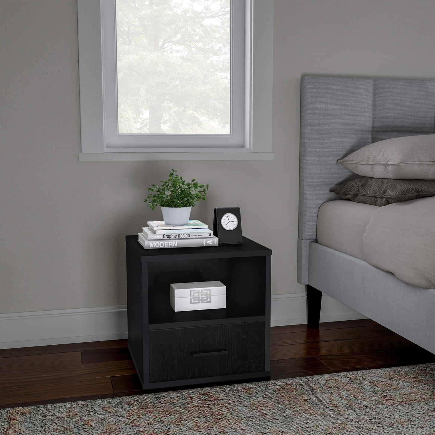 Lavish Home End Stackable Contemporary Minimalist Modular Cube Accent Table with Drawer for Bedroom, Living Room or Office, 16.25 x 15.75 x 15.75 in, Black