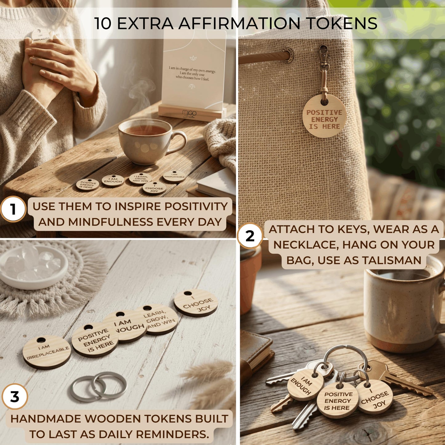 Mindful 60 Positive Affirmation Cards for Women with 10 Inspirational Tokens, 2 Rings & Display Stand, Daily Affirmations for Inspiration & Self Care, Unique Gift Cards for Women and Men