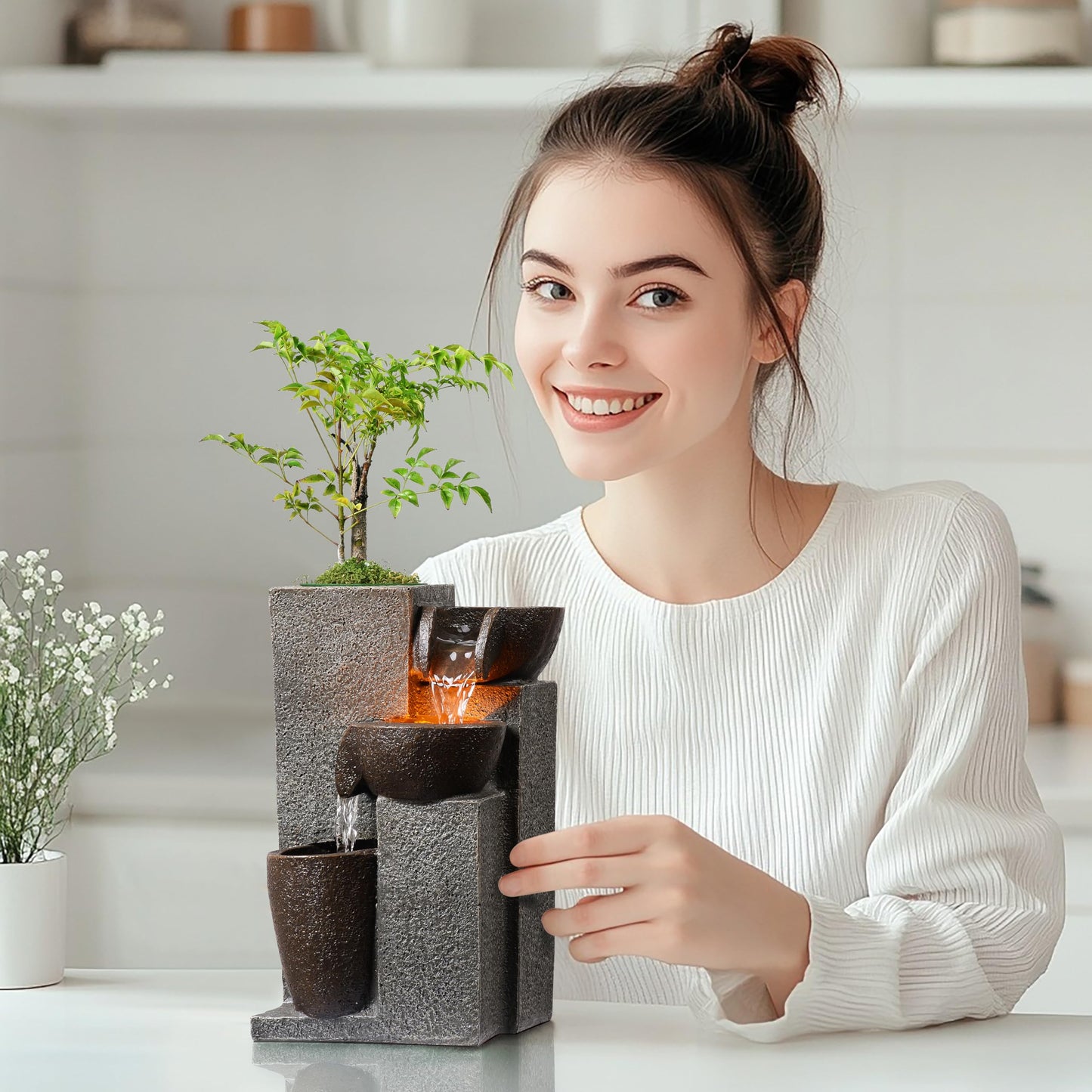 Mseonwxi Resin Tabletop Waterfall Fountain with LED Light & Plant Pot, Indoor Desk Water Fountains for Home Office Decor (22028N)