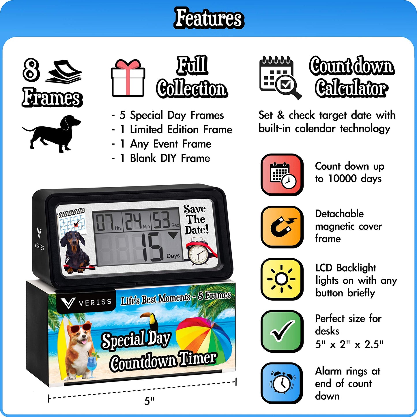 Veriss Digital 9999 Days Countdown Clock Timer with Backlight - Count Down Your Retirement, Wedding, Christmas, Vacation and All Calendar Event Dates in Your Life - Dog Collection (Black - 8 Frames)