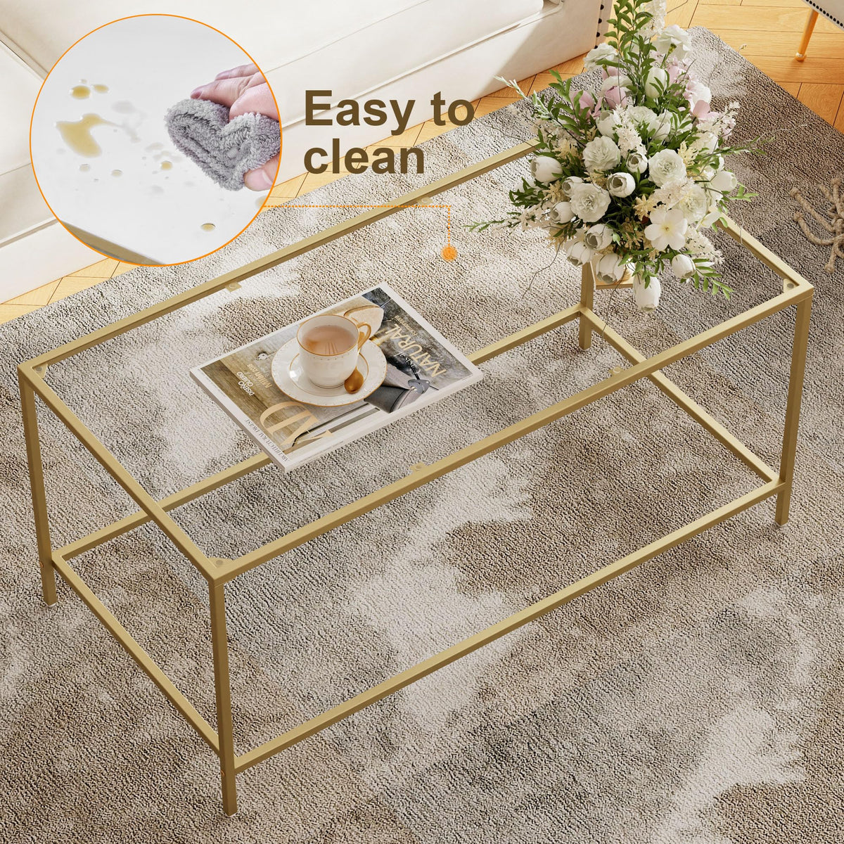Homleke Glass Coffee Table, Modern Rectangular Coffee Table for Living Room, Minimalist Center Tea Table with Sturdy Metal Frame for Apartment, Office, Easy Assembly, 39.4 x 19.7 x 17.7 Inches, Golden