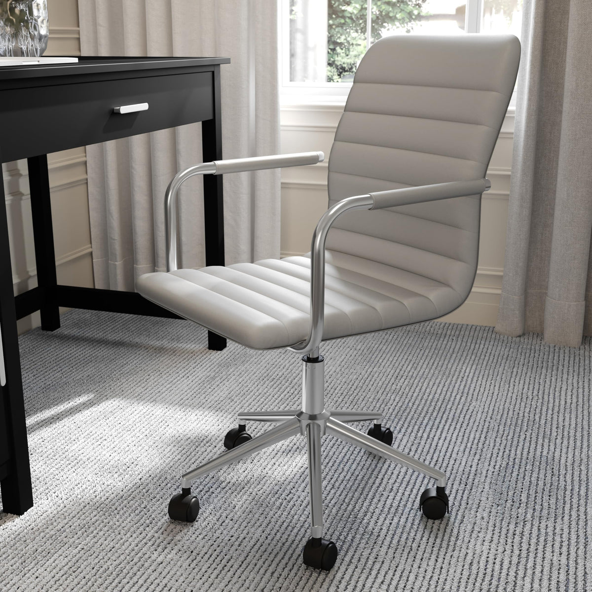 Martha Stewart Taytum Swivel Task Chair with Armrests for Home Office in Gray Faux Leather with Polished Nickel Frame