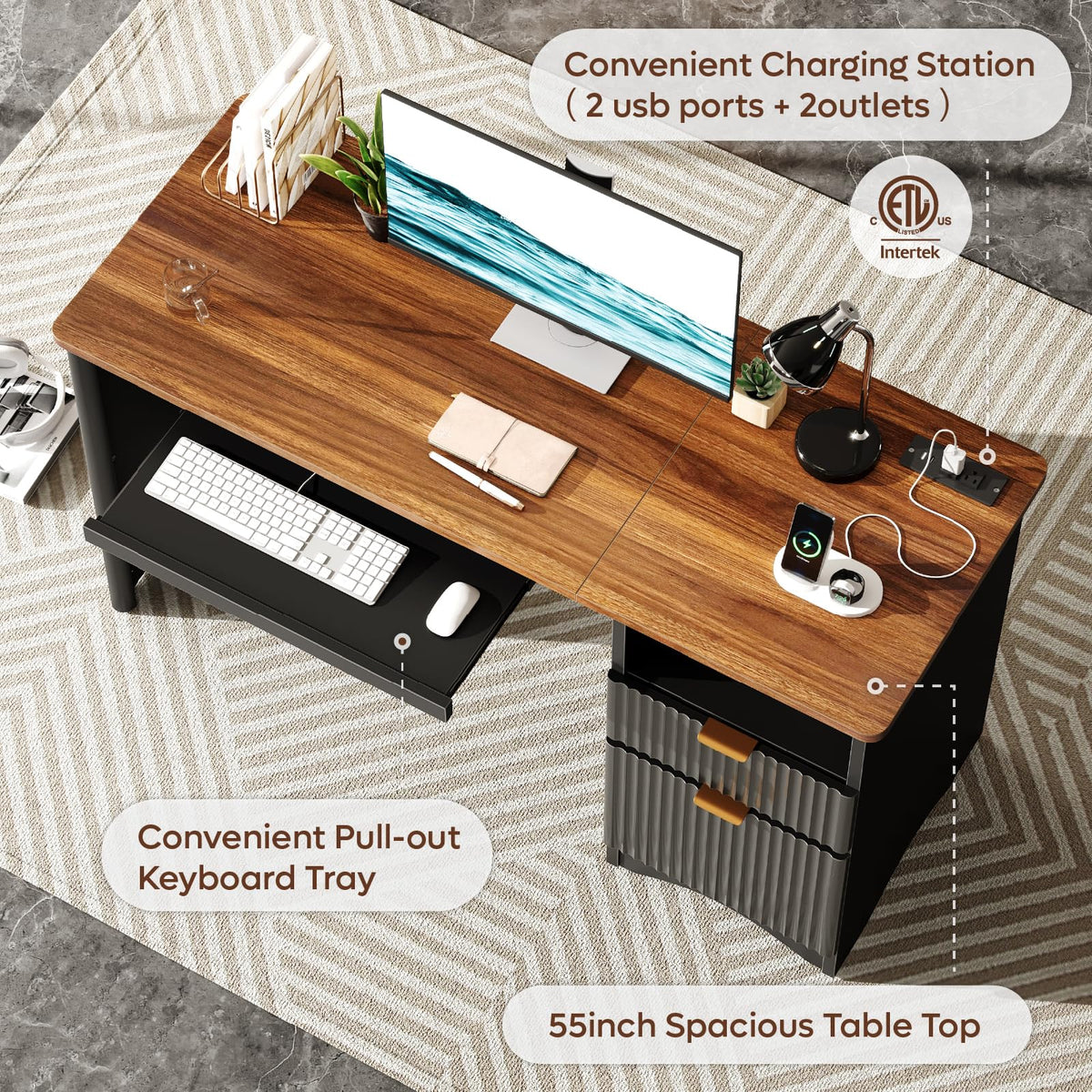 Bestier Computer Desk with Keyboard Tray, 55 inch Office Desk with Power Outlet, Modern Home Office Desk with File Drawer (Walnut with Black, 55" W with Single-Sided Drawers)