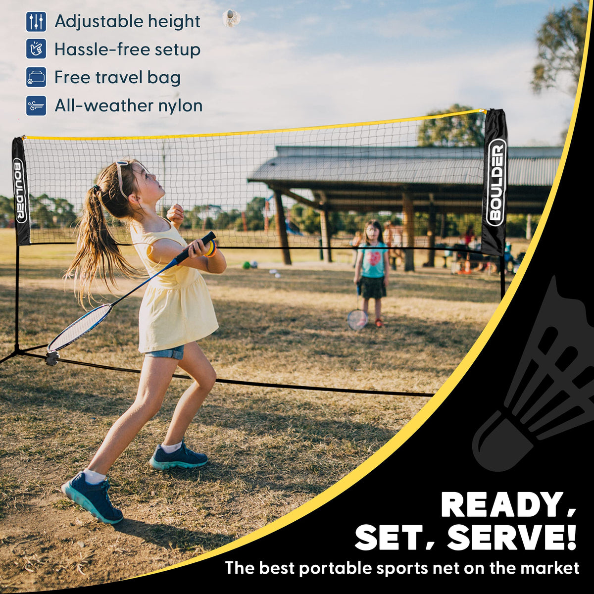 BOULDER Portable Badminton Pickleball Net - Foldable / Extendable Poles for Multiple Sports Heights (UP to 5 ft) - Ideal for Tennis, Pickleball, Soccer Tennis - Easy Setup (Black, 17 FT)