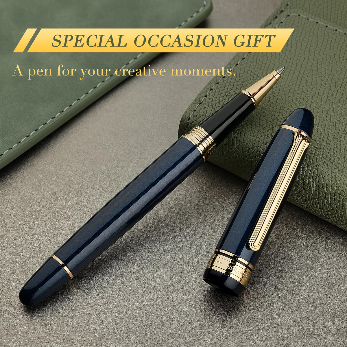 BEILUNER 319 Piano Blue Lacquer Rollerball - Stunning Luxury Pen with 24K Gold, Heavy, Schneider Black Ink Refill, Best Gift Set for Men & Women, Professional, Executive Office, Fancy Classic Pens