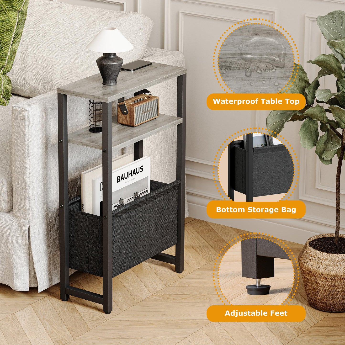 IRCPEN Narrow Side Table with Charging Station Slim End Table Sofa with Magazine Rack, Bedside Table for Small Spaces, 3 Tier Nightstand for Living Room Couch, Bedroom Oak Grey LET503QE