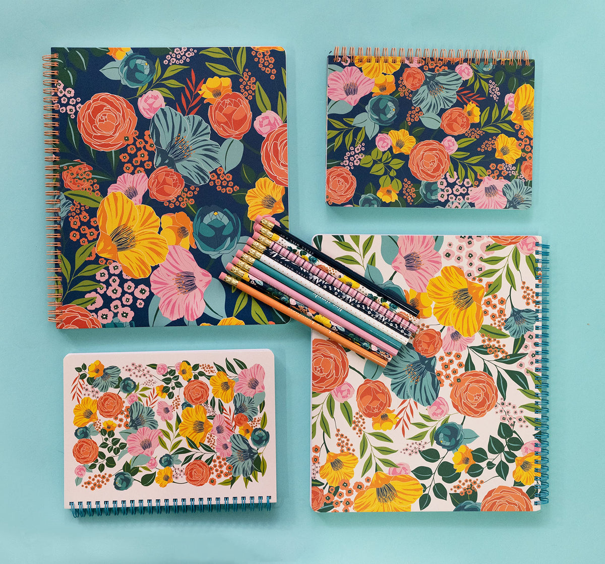 Steel Mill & Co Cute Large Spiral Notebook College Ruled, 11" x 9.5" with Durable Hardcover and 160 Lined Pages, Garden Blooms (Navy)