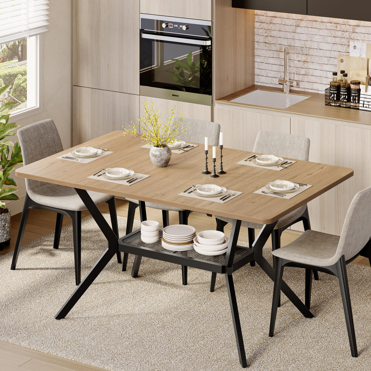 MECHYIN 55" Dining Table for 4-6, Industrial Kitchen Table with Spacious Storage Shelf, Sturdy Metal Frame Rectangle Dining Table for Dining Room, Small Apartments, Home Office