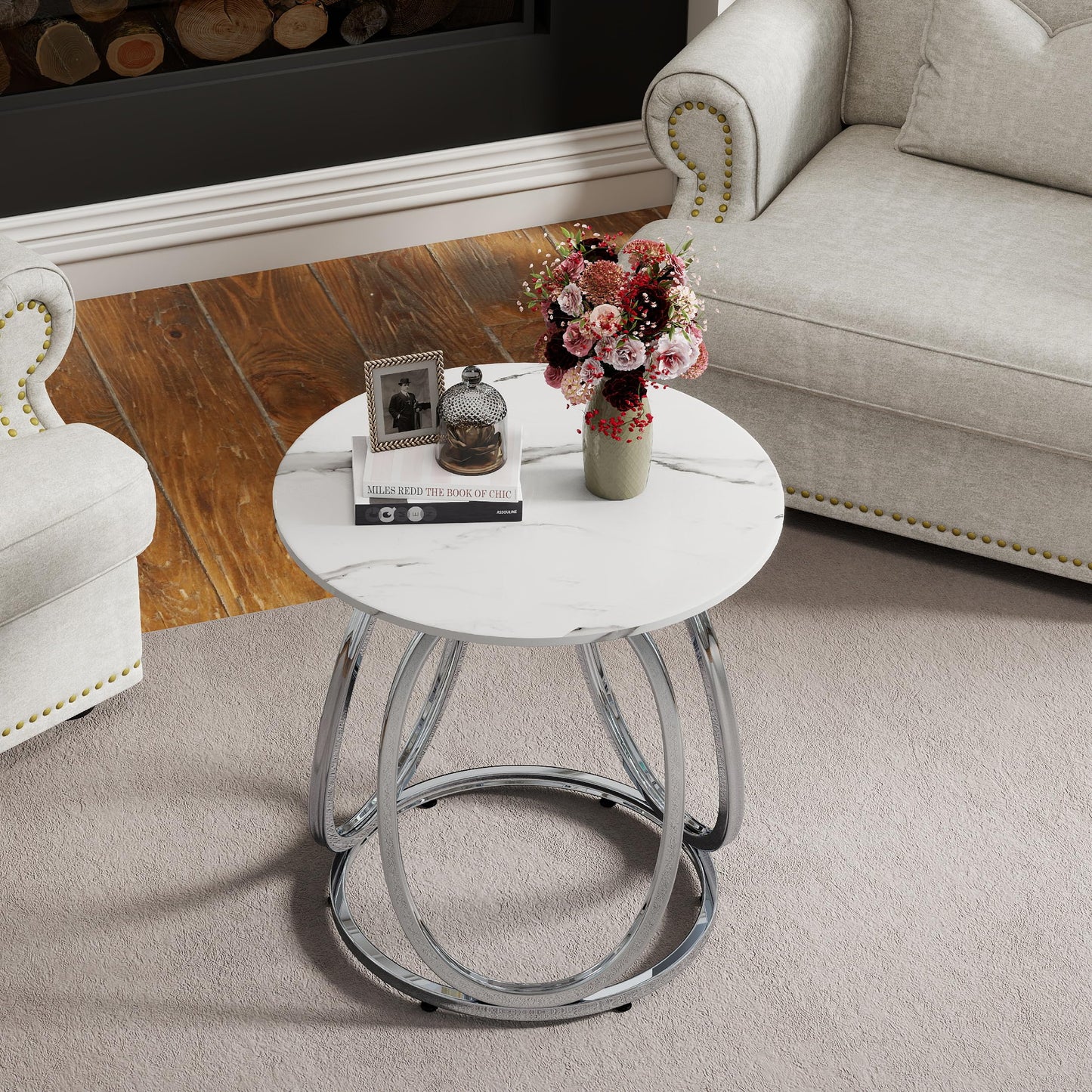 O&K FURNITURE Silver End Table, Round Side Table with Faux Marble Veins, Modern Nightstand for Bedroom, Living Room, Home Office, 1PC