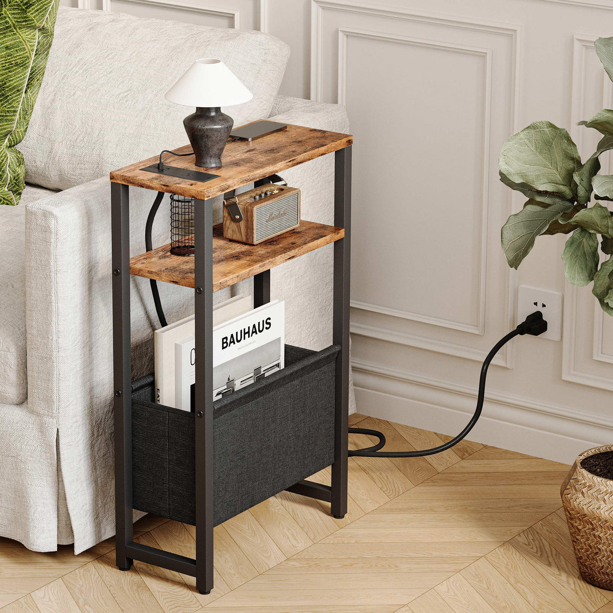 IRCPEN Narrow Side Table with Charging Station Slim End Table Sofa with Magazine Rack, Bedside Table for Small Spaces, 3 Tier Nightstand for Living Room Couch, Bedroom Rustic Brown LET503RE
