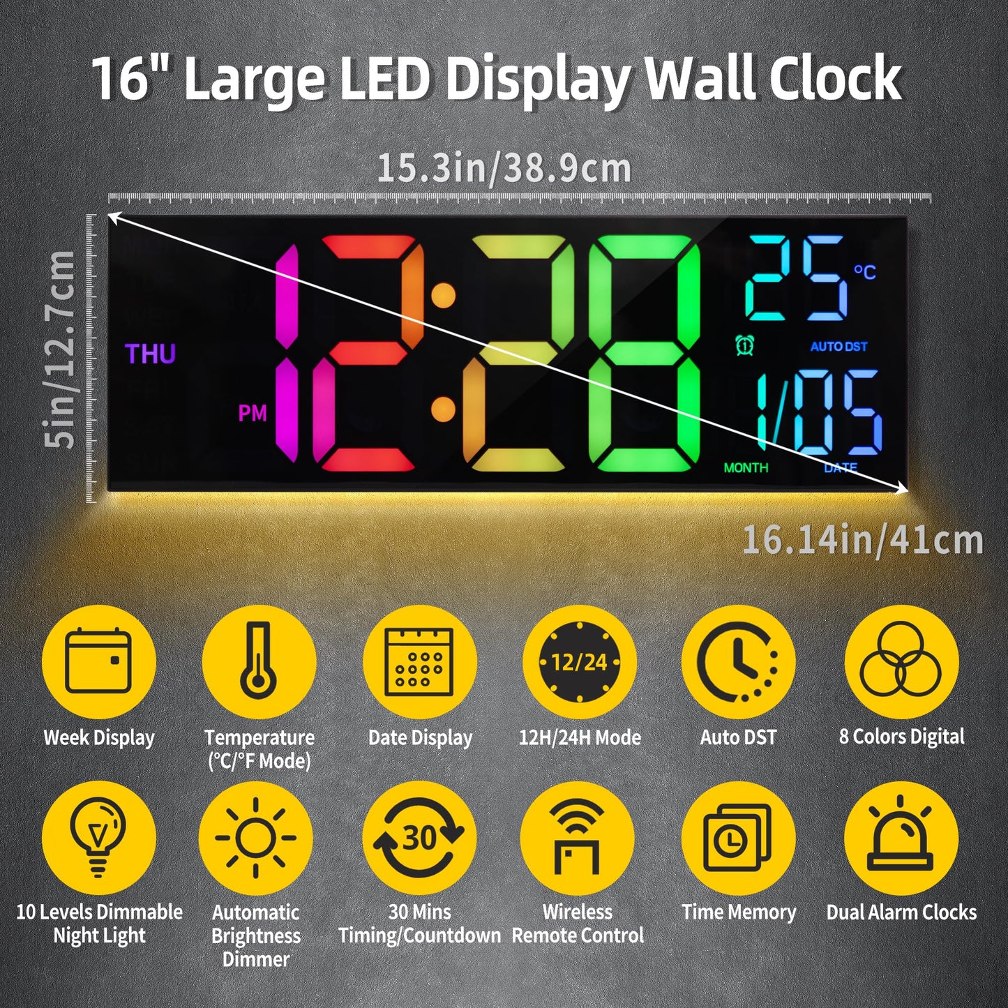 HAITANG 8 Colors Digital Wall Clock, 16.2" Large Digital Clock with Temperature, Date, Auto DST, Night Light, Auto Brightness Dimmer, 24/12-hour Wall Clock for Living Room Office Classroom Gym