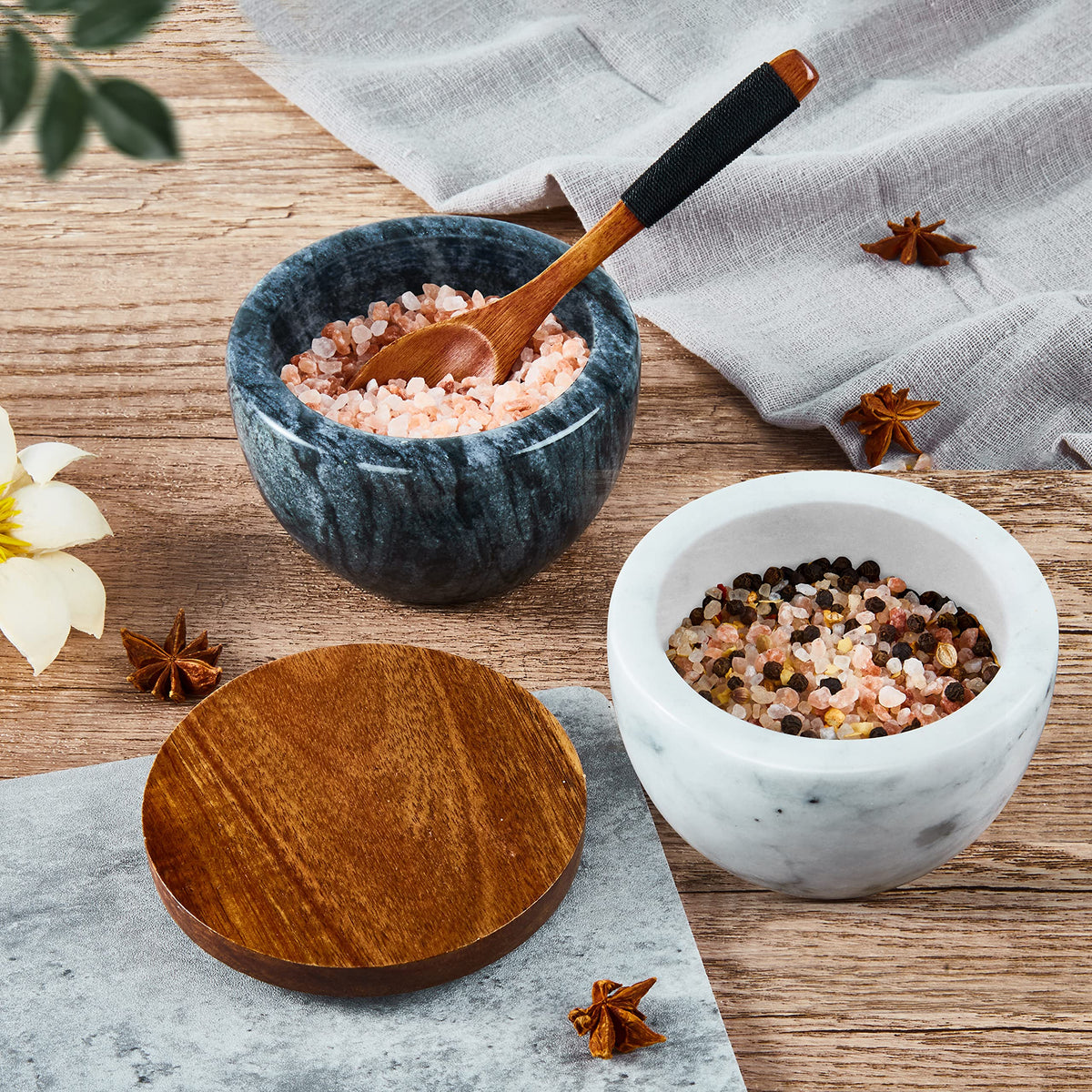 MarcZero Large Salt Box Spice Seasonings Keeper Pepper Container,Marble Base with Wooden Cover,Salt Cellar Big Capacity Elegant Design (White)
