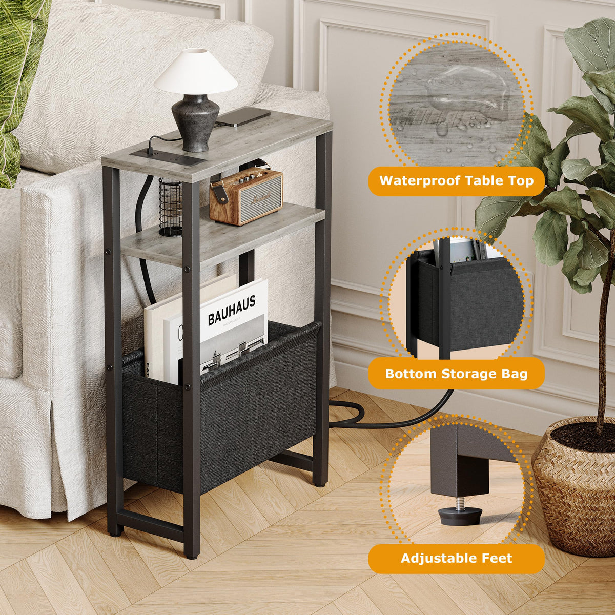 IRCPEN Narrow Side Table with Charging Station Slim End Table Sofa with Magazine Rack, Bedside Table for Small Spaces, 3 Tier Nightstand for Living Room Couch, Bedroom Oak Grey LET503QE