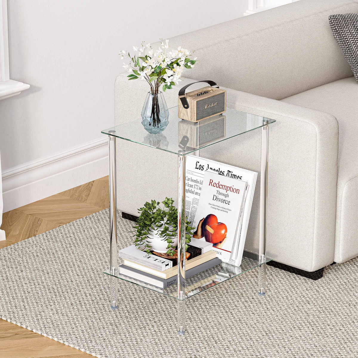 Tempered Glass Side Tables Set of 2 Acrylic End Table with 2 Storage Shelve transparent Bedside simplicity clear 2-Tier Nightstands small Spaces Office Bedroom Living Room Study Transparent ET-008TR