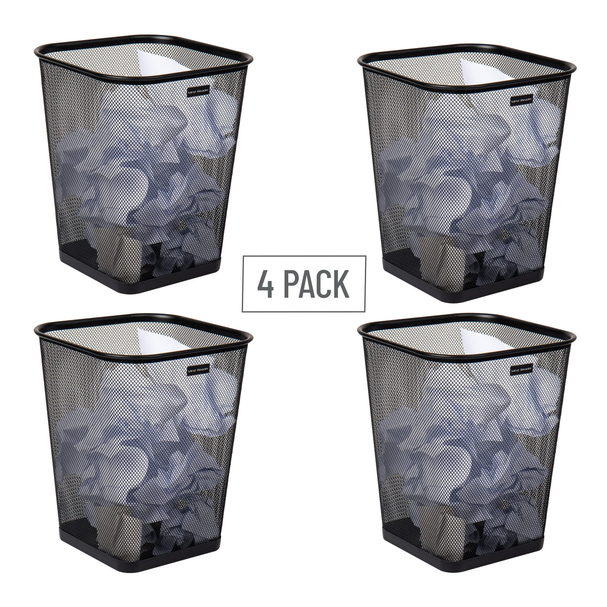 Mind Reader Mesh Trash Can, Waste Paper Basket, Square, Office, Metal Mesh, 9.75" L x 9.75" W x 12.25" H, Set of 4, Black