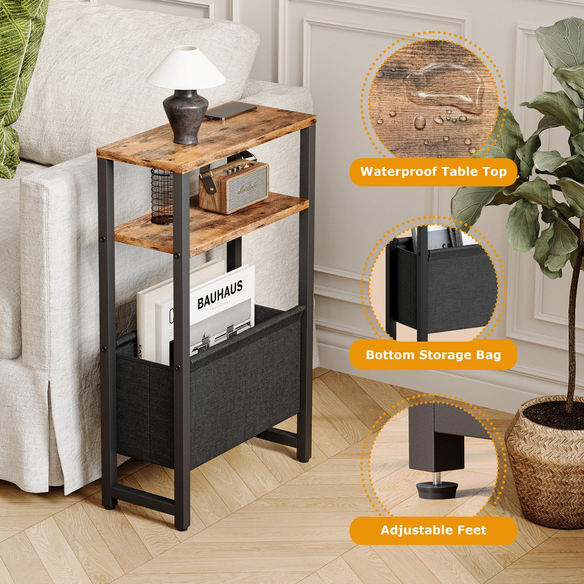 IRCPEN Narrow Side Table with Charging Station Slim End Table Sofa with Magazine Rack, Bedside Table for Small Spaces, 3 Tier Nightstand for Living Room Couch, Bedroom Rustic Brown LET503RE