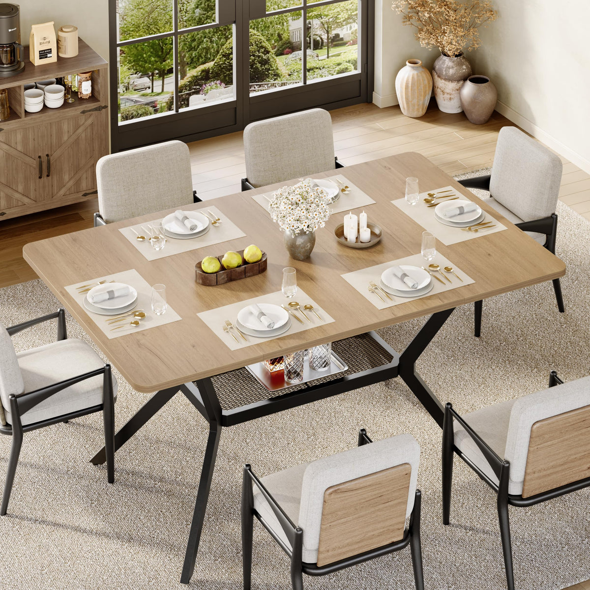 MECHYIN 55" Dining Table for 4-6, Industrial Kitchen Table with Spacious Storage Shelf, Sturdy Metal Frame Rectangle Dining Table for Dining Room, Small Apartments, Home Office