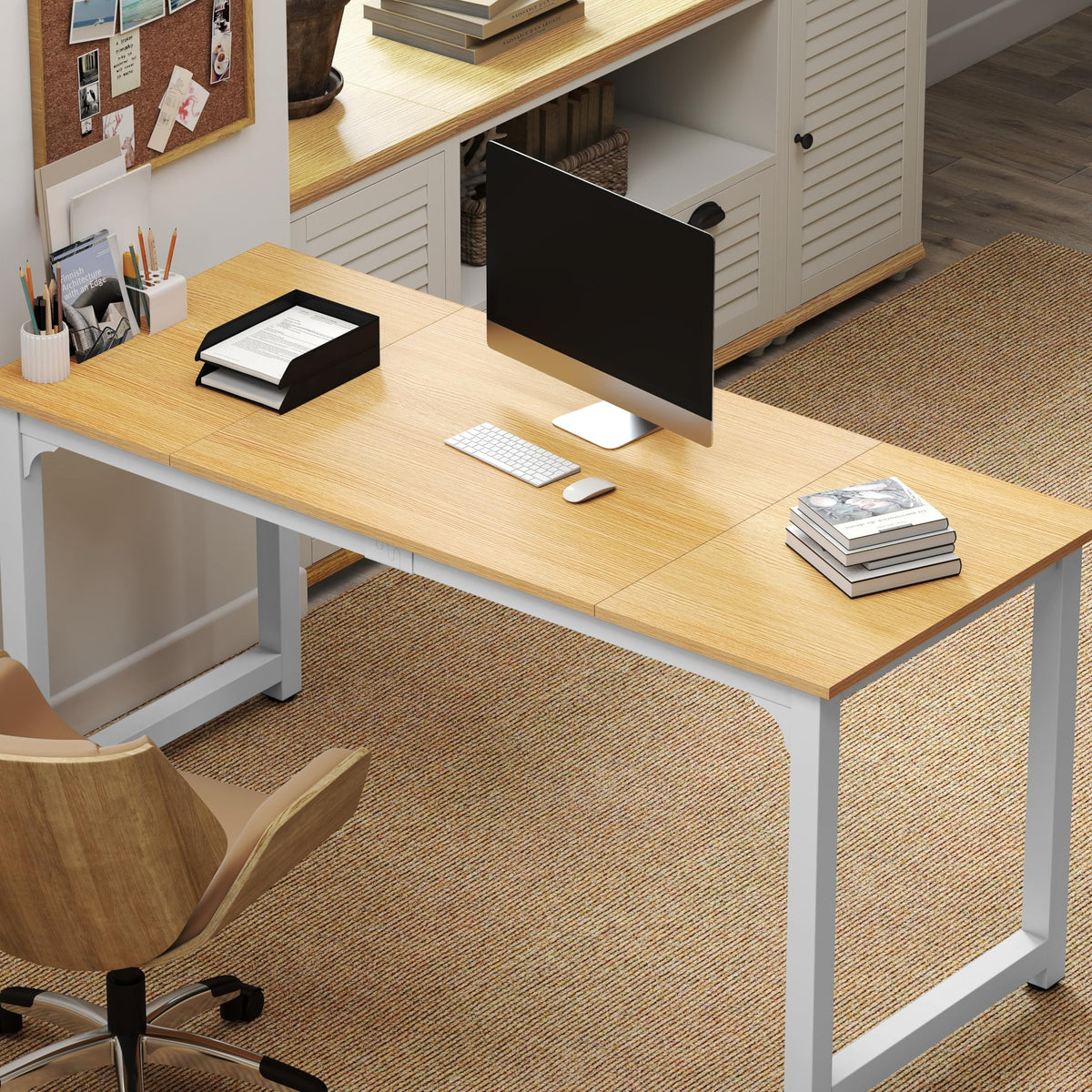 NSdirect Modern Computer Desk 63 Inch Large Office Desk, Writing Study Table for Home Office Desk Workstation Wide Metal Sturdy Frame Thicker Steel Legs, White