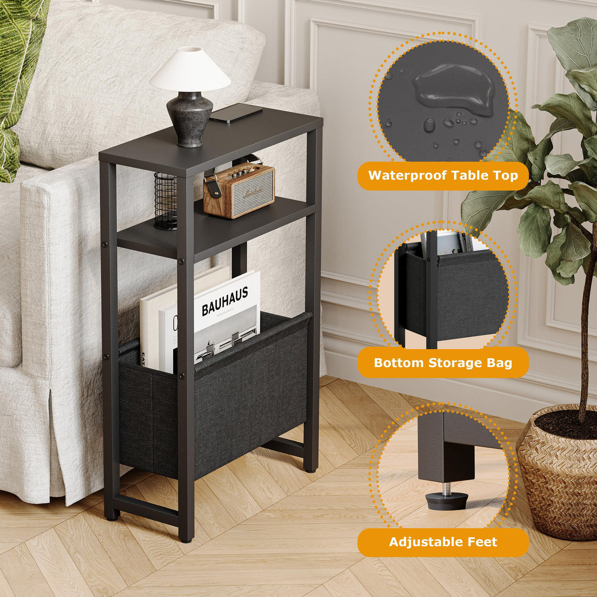IRCPEN Narrow Side Table, Slim End Table with Magazine Rack, Bedside Table for Small Spaces, 3 Tier Sofa Couch Table Nightstand for Living Room, Bedroom Black LET503B